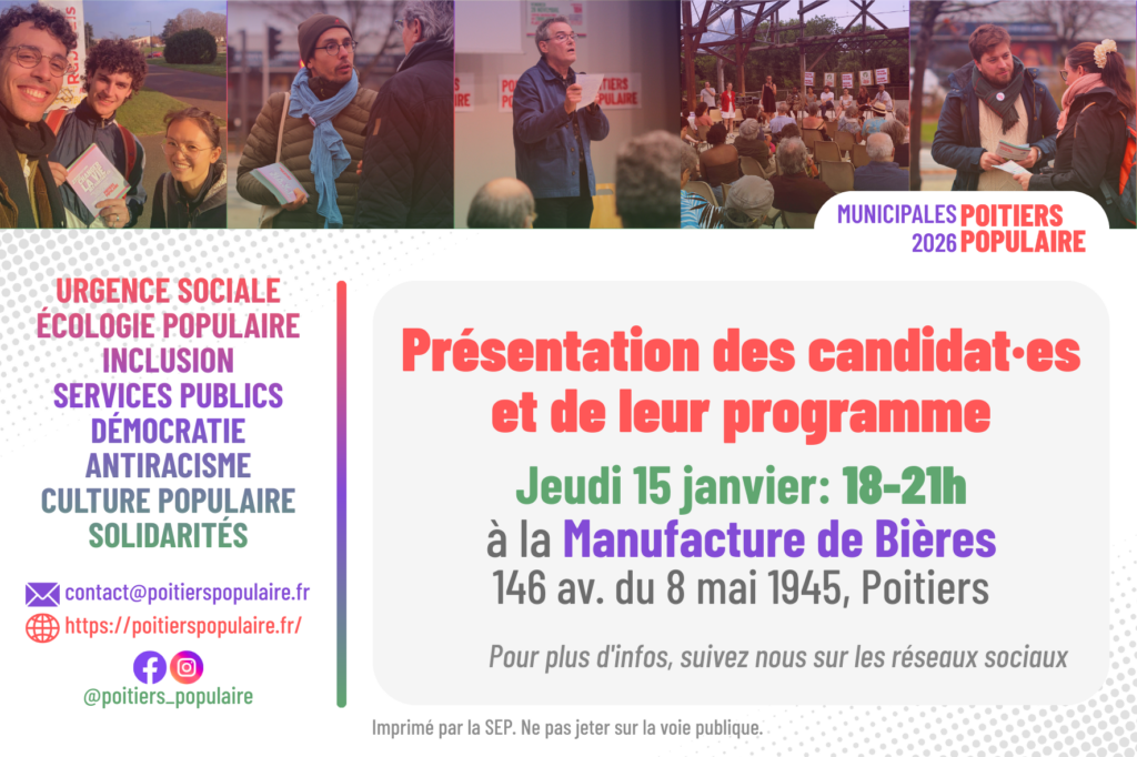 dos de la carte de voeux ,annonce de présentation des candidats et du programme.
rendez-vous jeudi 15 janvier de 18h a 21h à la manufacture de bières, 146 av du 8 mai 45